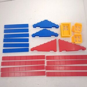 Lincoln Logs red blue roof trusses yellow window door slats truss 21 pcs parts